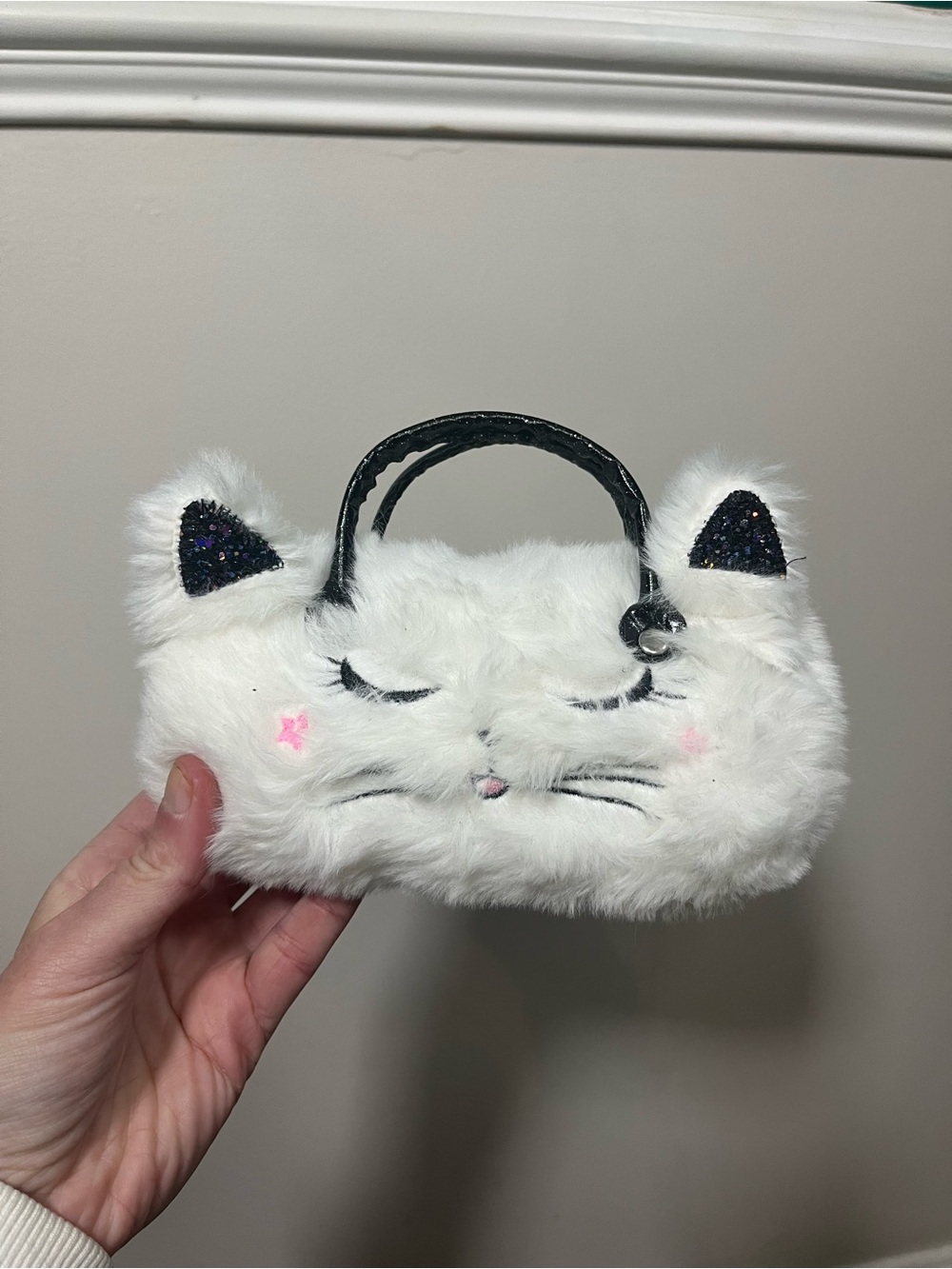 Y2K White Furry Cat Handbag glass case with Black Sparkle Ears